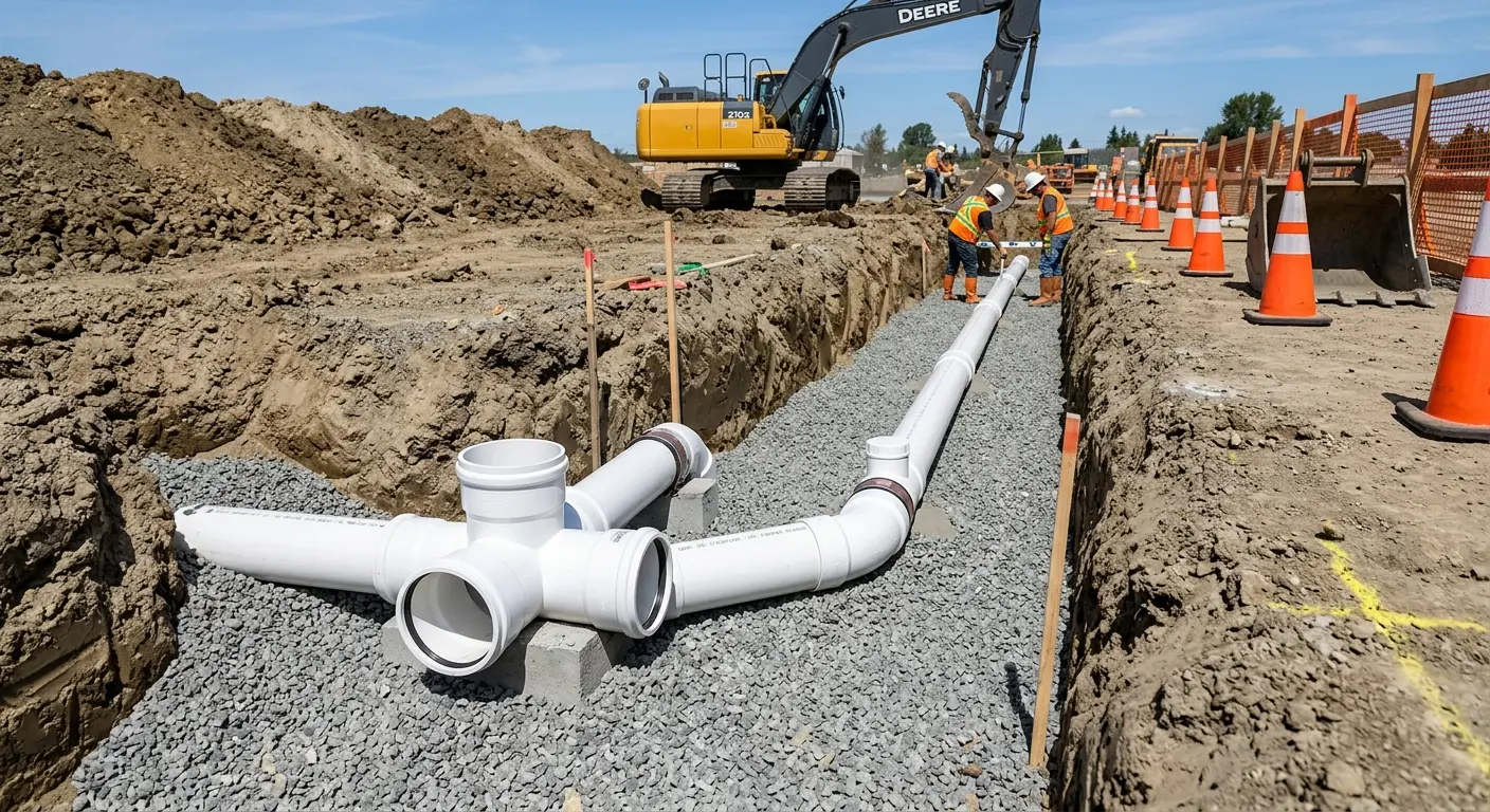 New PVC sewer pipe installation in open trench for Sewer Backup in Meraux