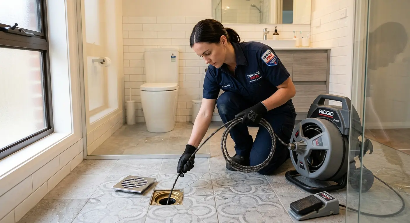 Technician clearing a bathroom floor drain for Drain Cleaning in Meraux